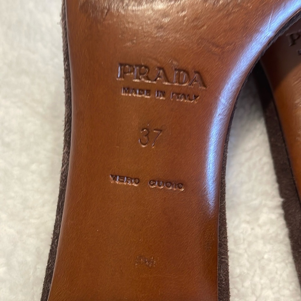 Prada Low Mule Heel Silver Hardware Grommet Brown Suede Sandal Size EU 37 EUC! - Picture 3 of 5